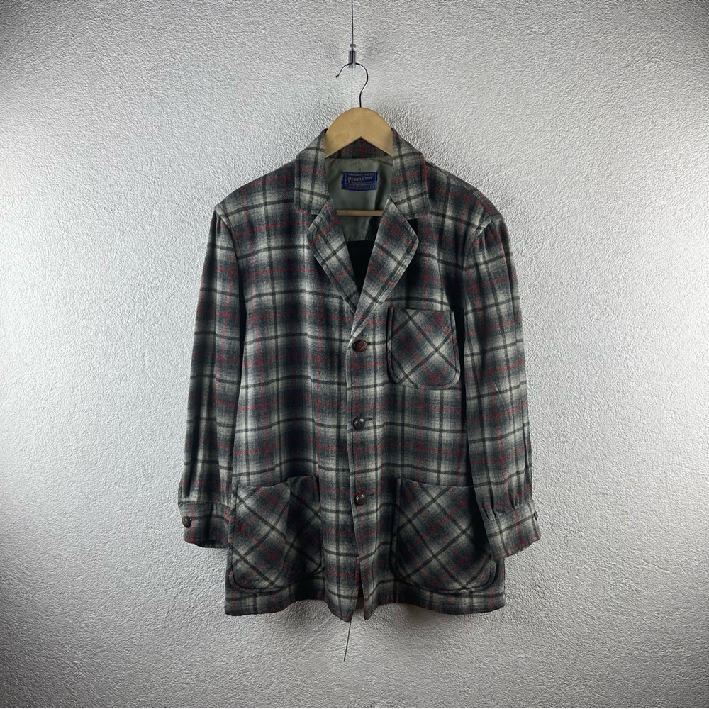 Vintage l 50s M Pendleton Plaid 49er Style Pockets Button Cuff Wool Shirt Jacket